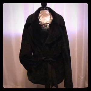 Classy Black Furry Tie Belt Jacket